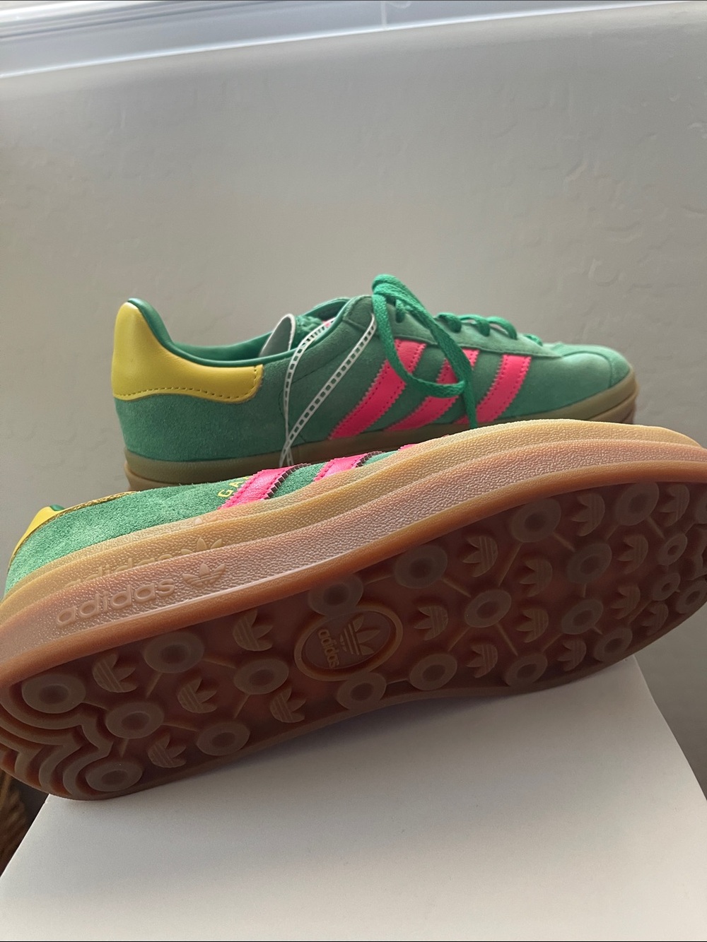 adidas Green Suede Sneakers with Pink Stripes and Yellow Heel - Picture 2 of 3